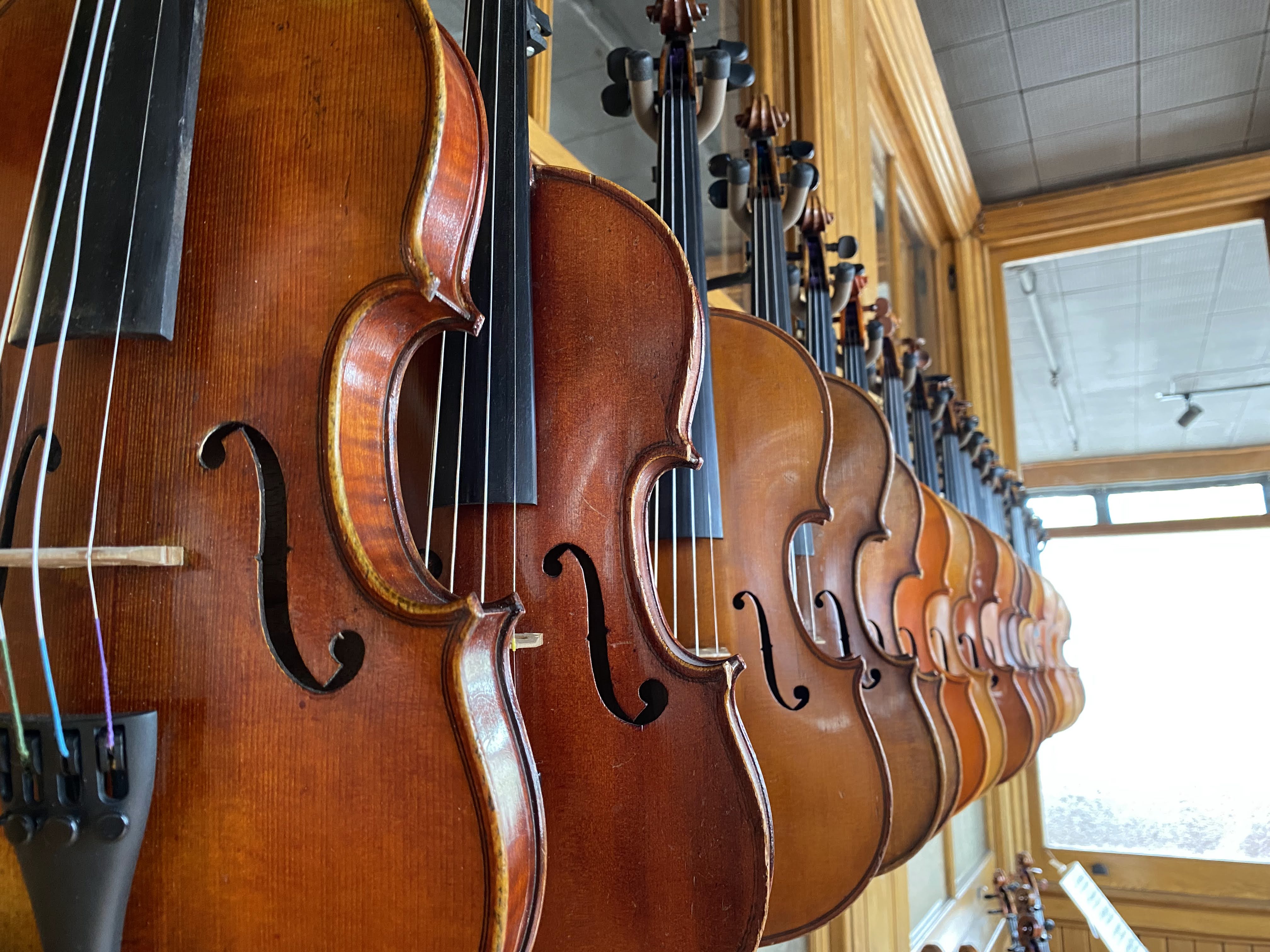Close-up image of a violin, showing the craftsmanship and detail